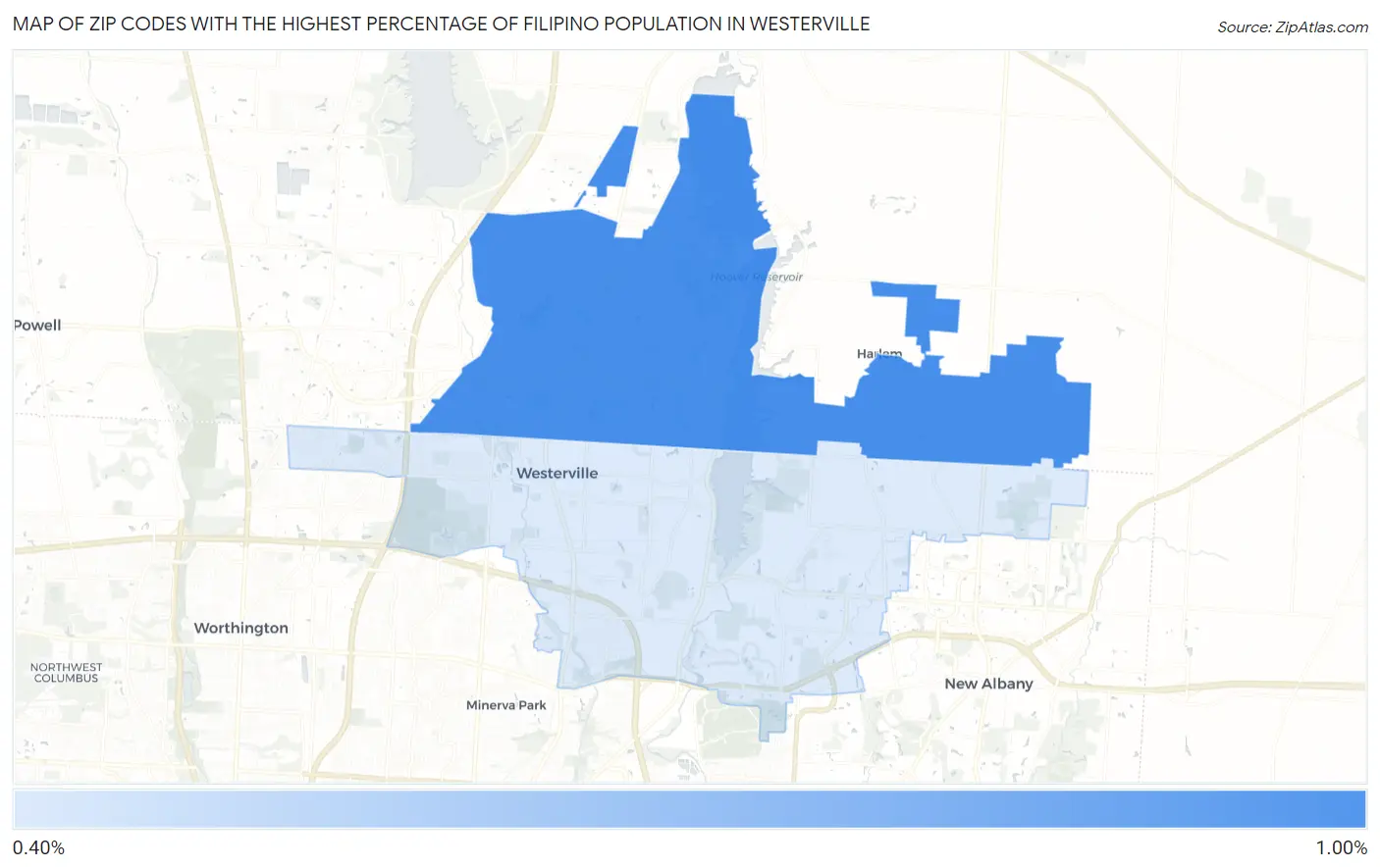 Zip Codes with the Highest Percentage of Filipino Population in Westerville Map