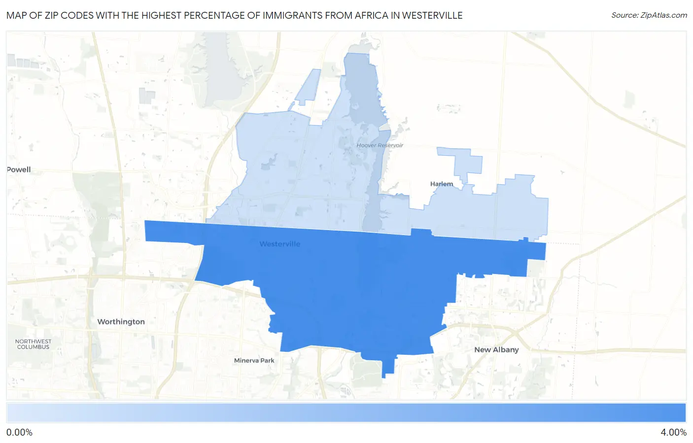 Zip Codes with the Highest Percentage of Immigrants from Africa in Westerville Map