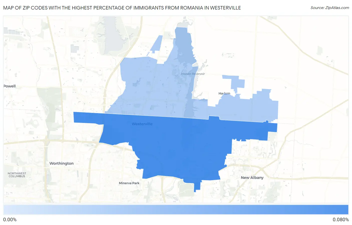 Zip Codes with the Highest Percentage of Immigrants from Romania in Westerville Map