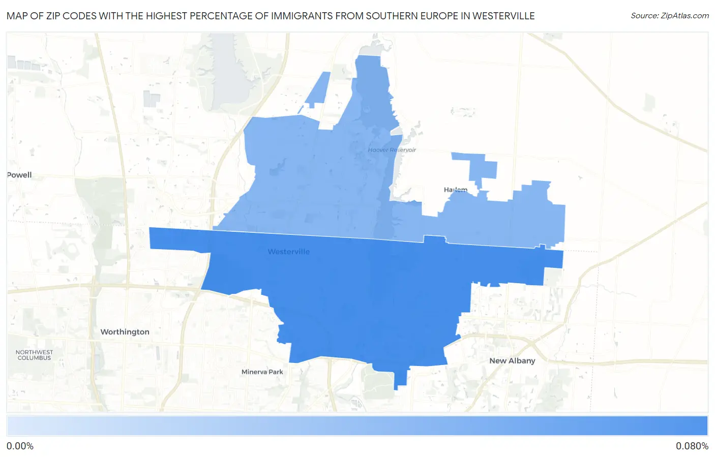 Zip Codes with the Highest Percentage of Immigrants from Southern Europe in Westerville Map