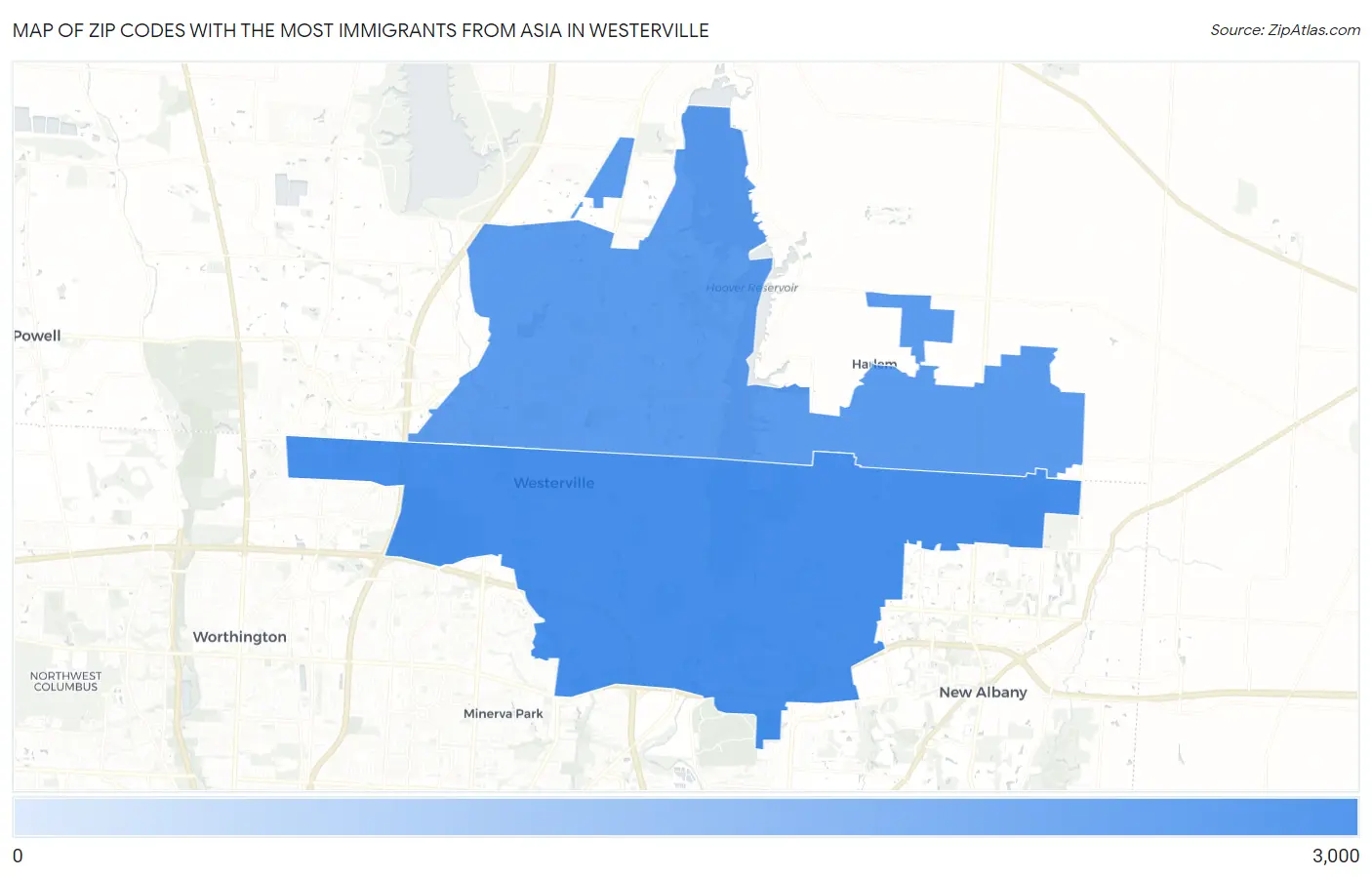 Zip Codes with the Most Immigrants from Asia in Westerville Map