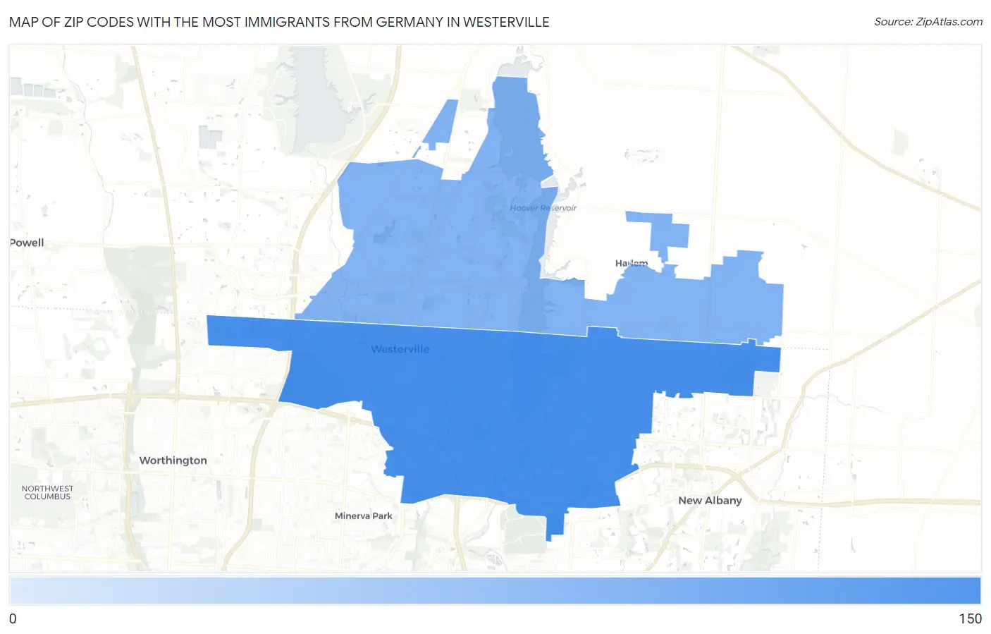 Zip Codes with the Most Immigrants from Germany in Westerville Map