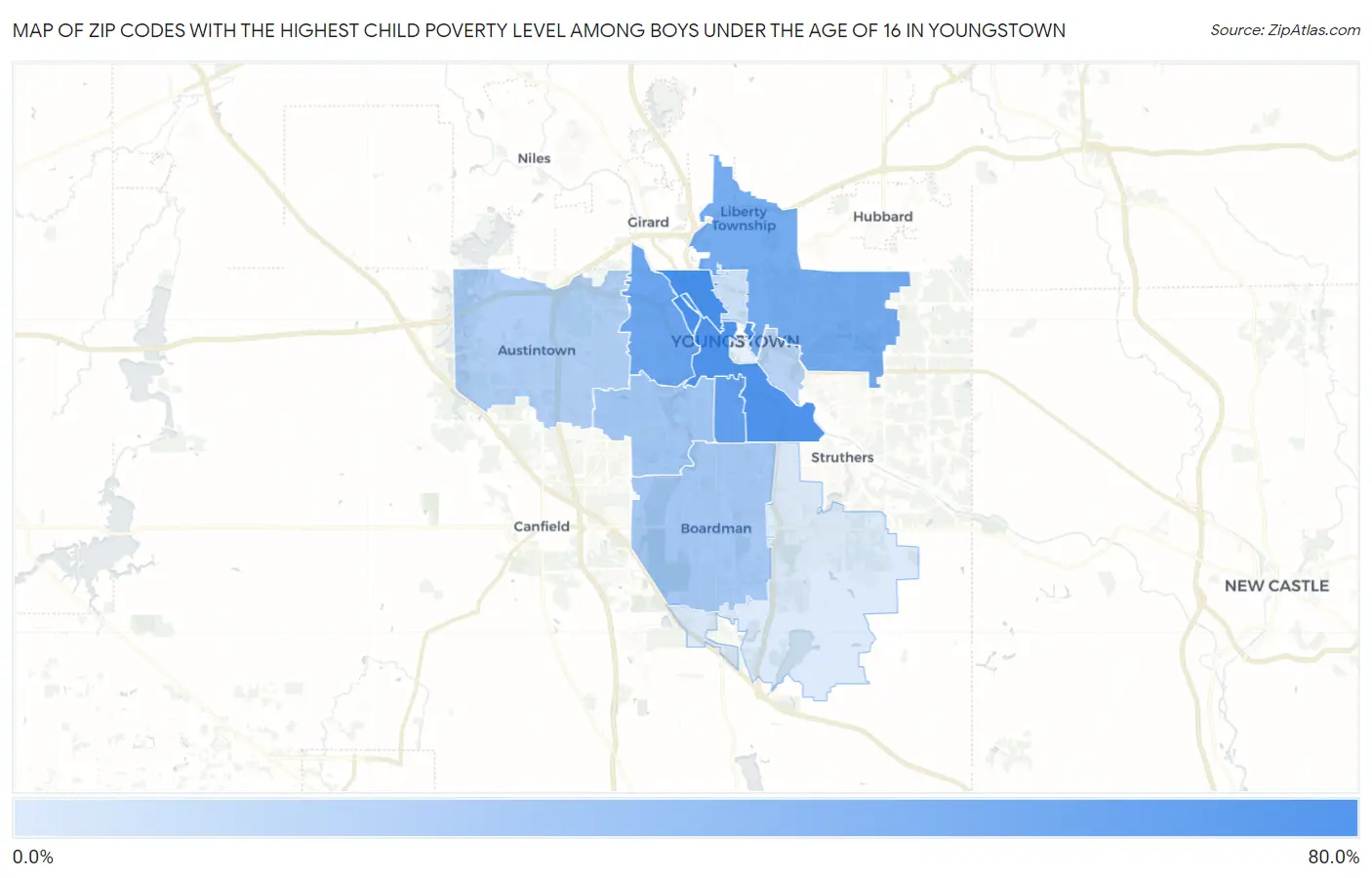 Zip Codes with the Highest Child Poverty Level Among Boys Under the Age of 16 in Youngstown Map