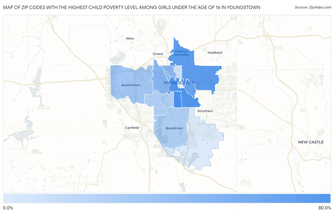 Zip Codes with the Highest Child Poverty Level Among Girls Under the Age of 16 in Youngstown Map