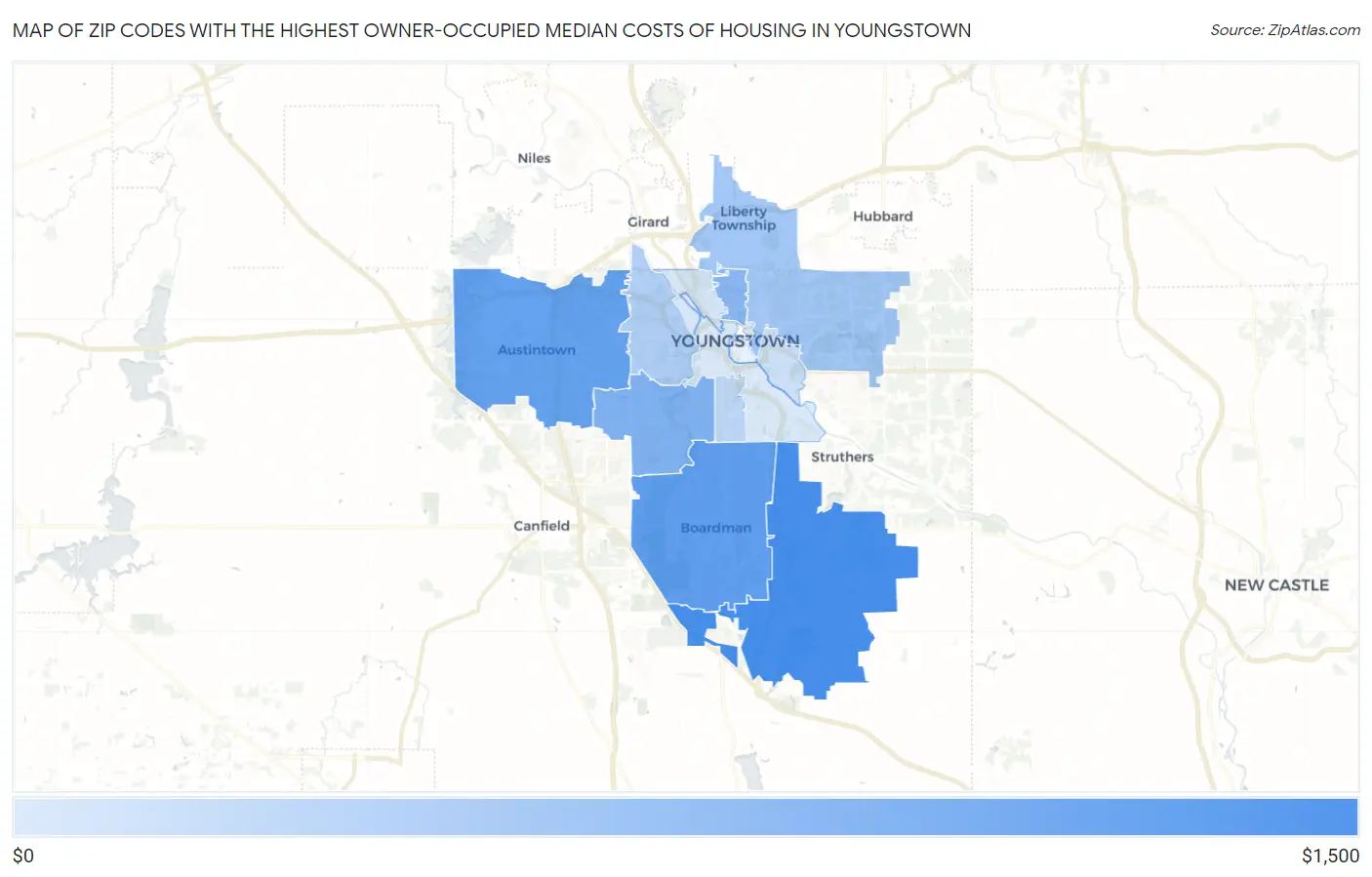 Zip Codes with the Highest Owner-Occupied Median Costs of Housing in Youngstown Map