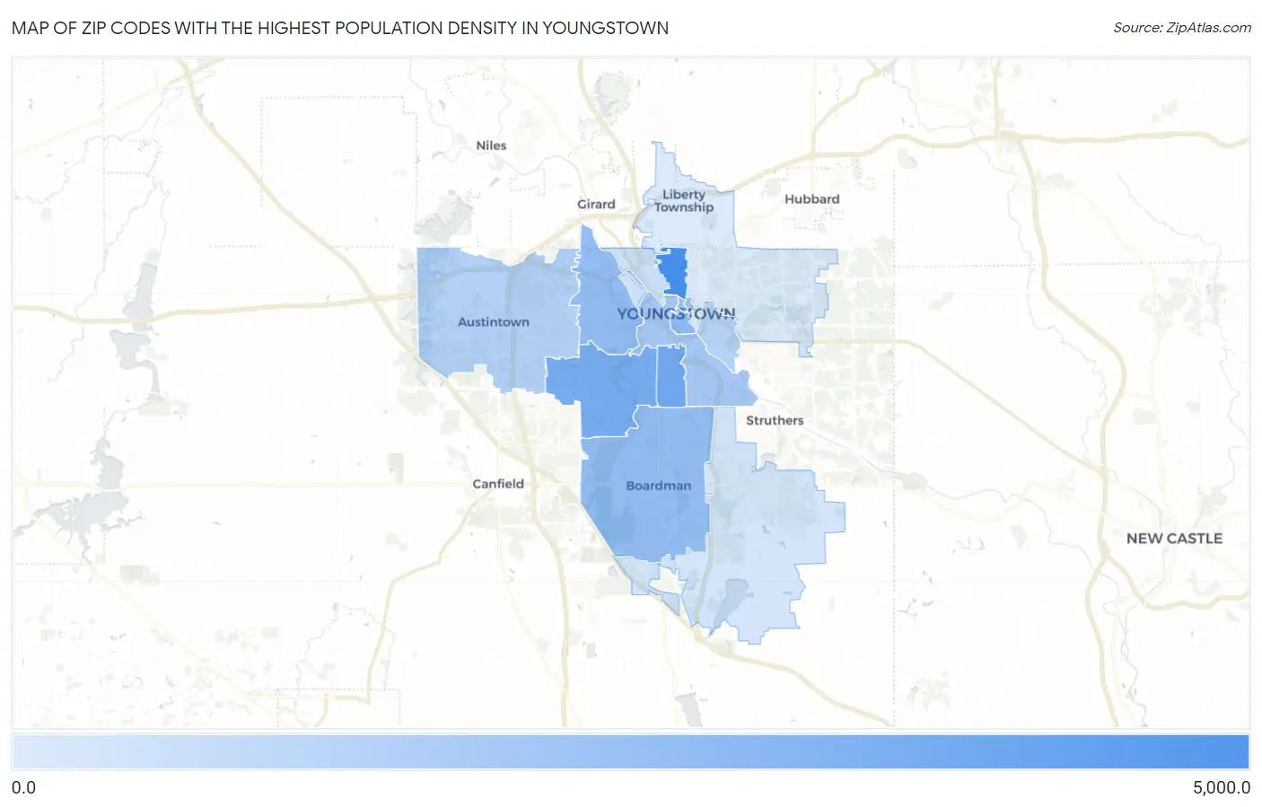 Zip Codes with the Highest Population Density in Youngstown Map