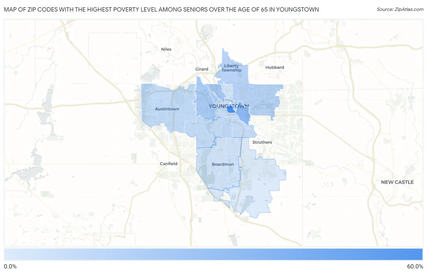 Zip Codes with the Highest Poverty Level Among Seniors Over the Age of 65 in Youngstown Map