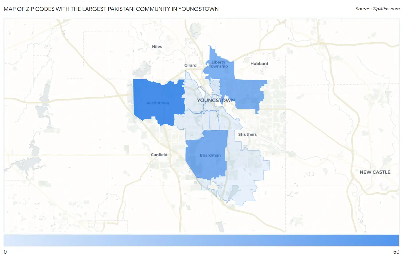 Zip Codes with the Largest Pakistani Community in Youngstown Map