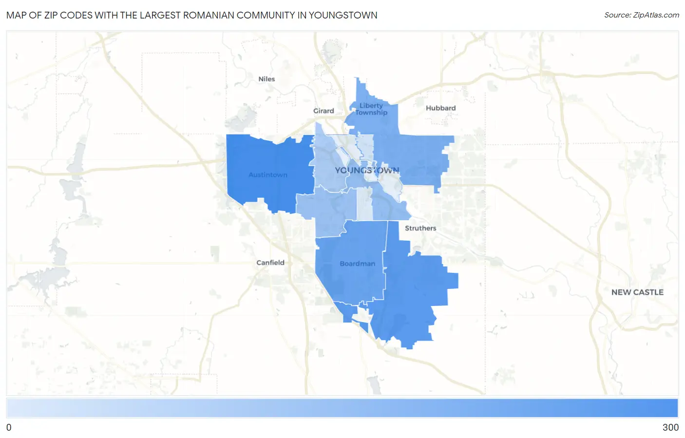 Zip Codes with the Largest Romanian Community in Youngstown Map