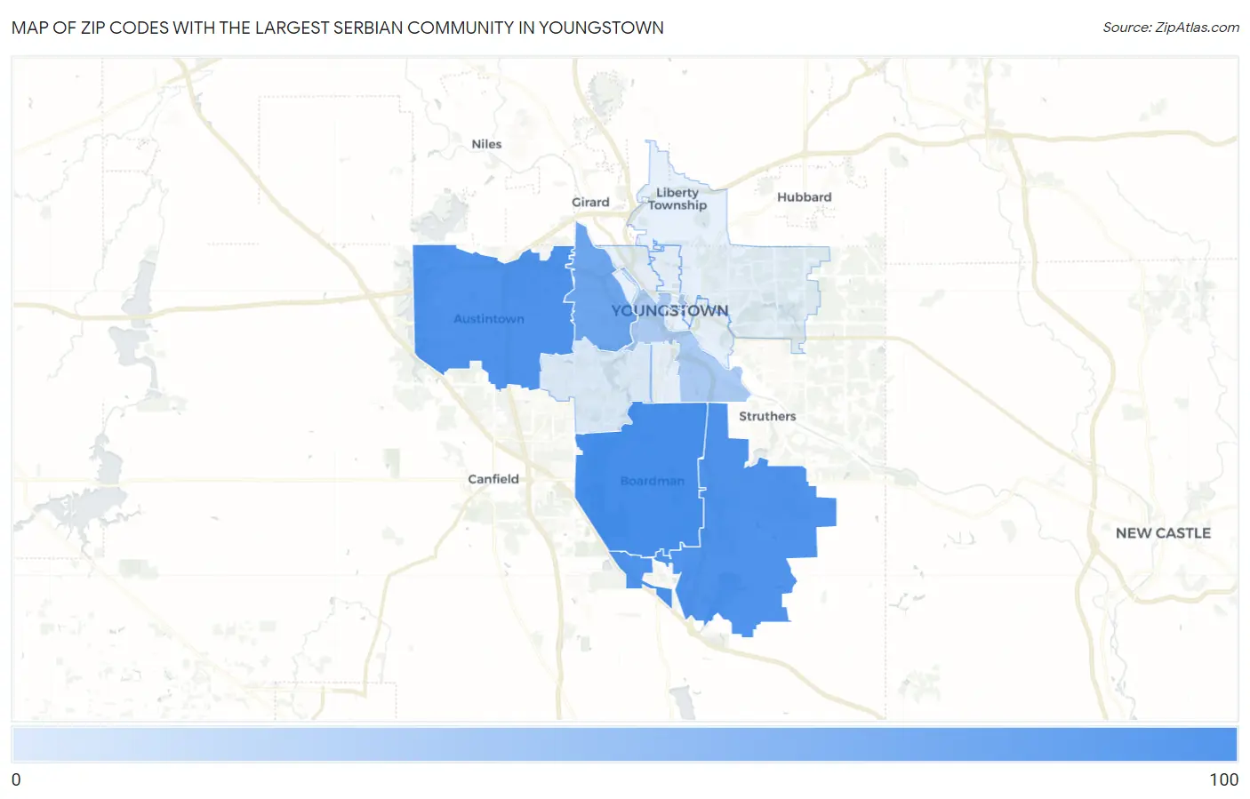 Zip Codes with the Largest Serbian Community in Youngstown Map