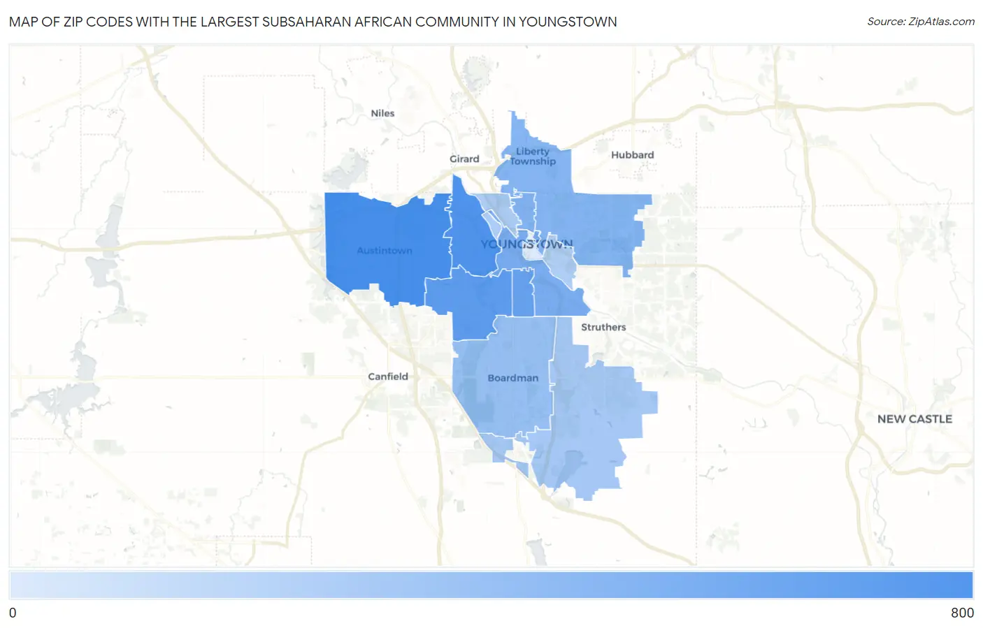 Zip Codes with the Largest Subsaharan African Community in Youngstown Map