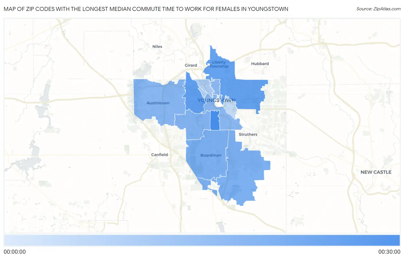 Zip Codes with the Longest Median Commute Time to Work for Females in Youngstown Map