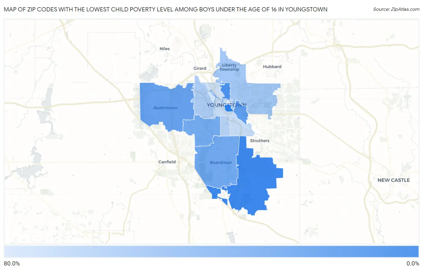 Zip Codes with the Lowest Child Poverty Level Among Boys Under the Age of 16 in Youngstown Map