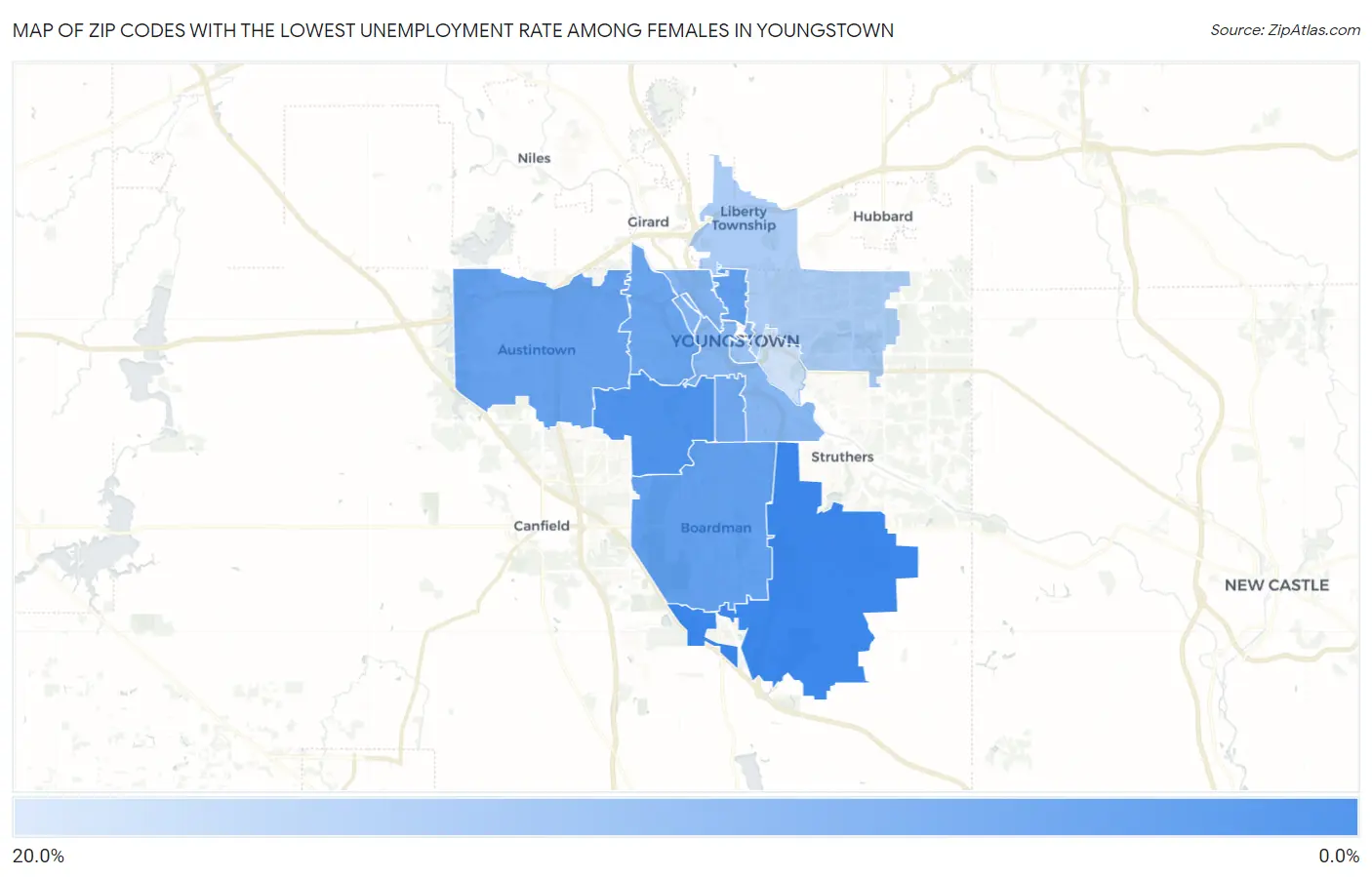 Zip Codes with the Lowest Unemployment Rate Among Females in Youngstown Map