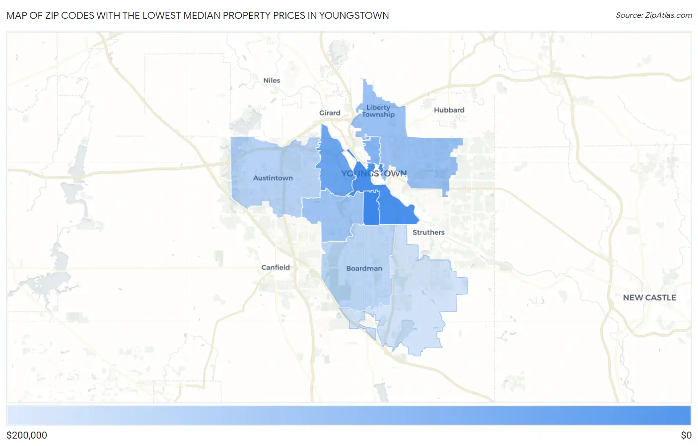 Zip Codes with the Lowest Median Property Prices in Youngstown Map