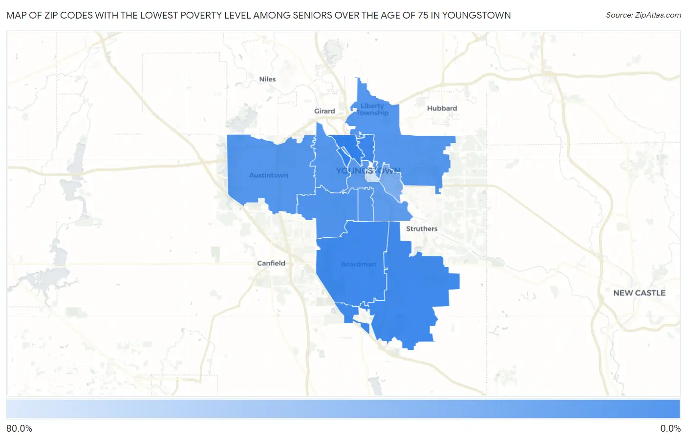 Zip Codes with the Lowest Poverty Level Among Seniors Over the Age of 75 in Youngstown Map