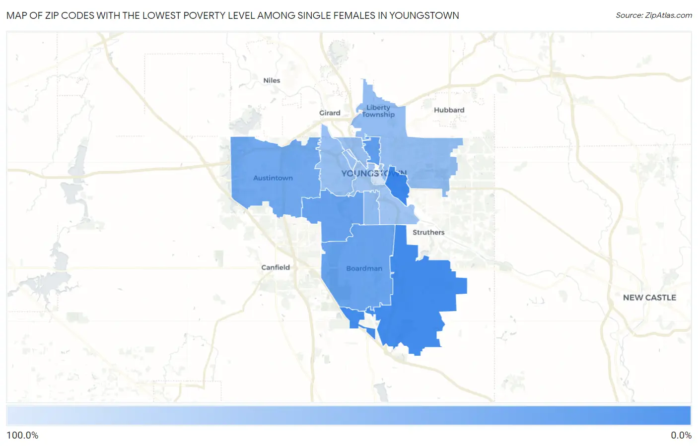 Zip Codes with the Lowest Poverty Level Among Single Females in Youngstown Map