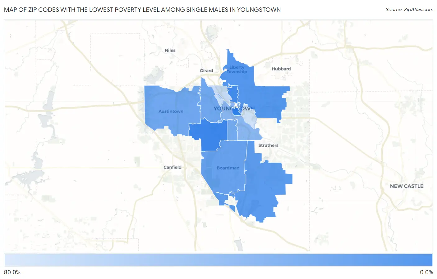Zip Codes with the Lowest Poverty Level Among Single Males in Youngstown Map