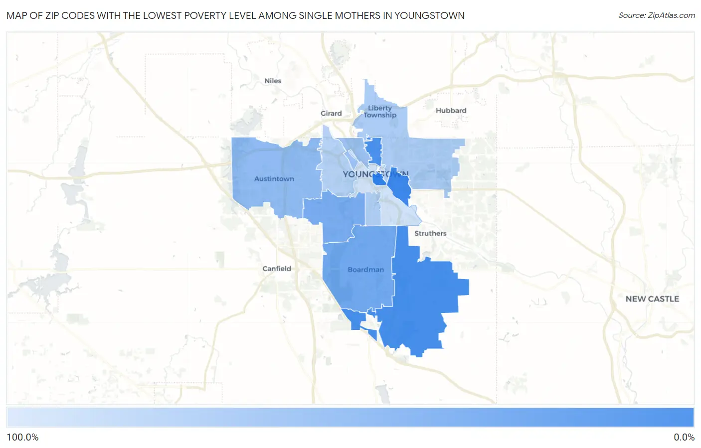 Zip Codes with the Lowest Poverty Level Among Single Mothers in Youngstown Map