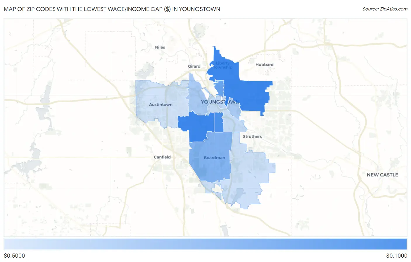 Zip Codes with the Lowest Wage/Income Gap ($) in Youngstown Map