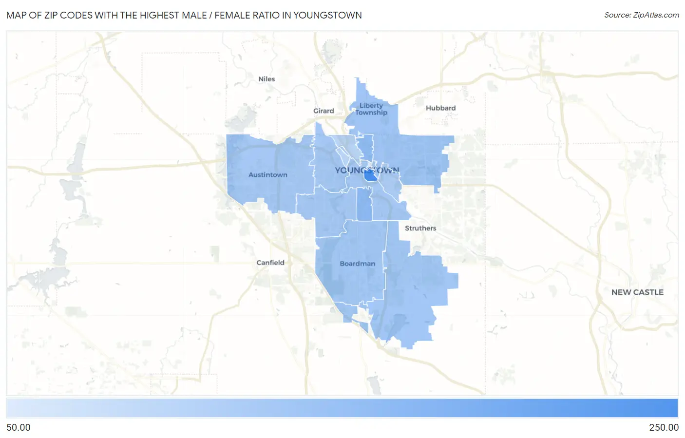 Zip Codes with the Highest Male / Female Ratio in Youngstown Map