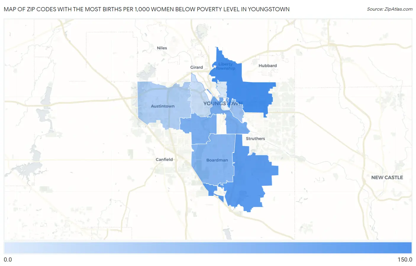 Zip Codes with the Most Births per 1,000 Women Below Poverty Level in Youngstown Map