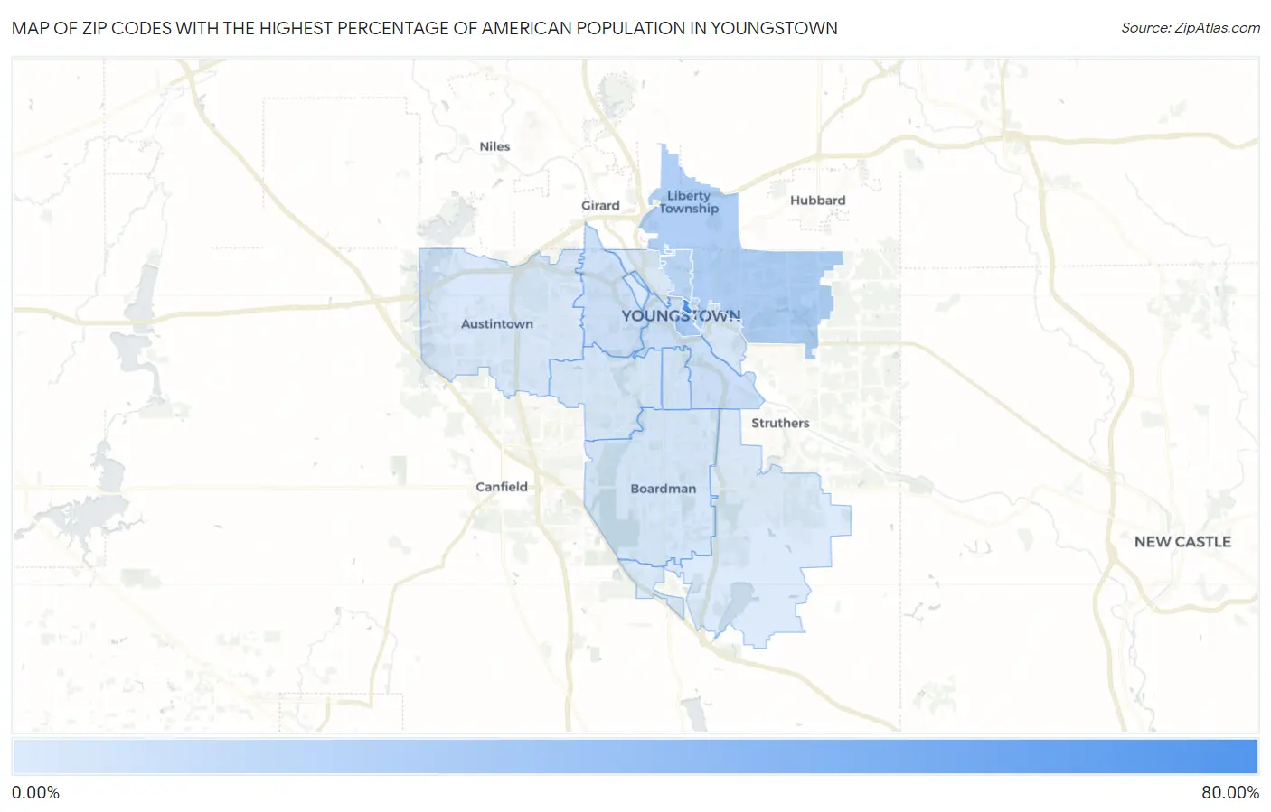 Zip Codes with the Highest Percentage of American Population in Youngstown Map