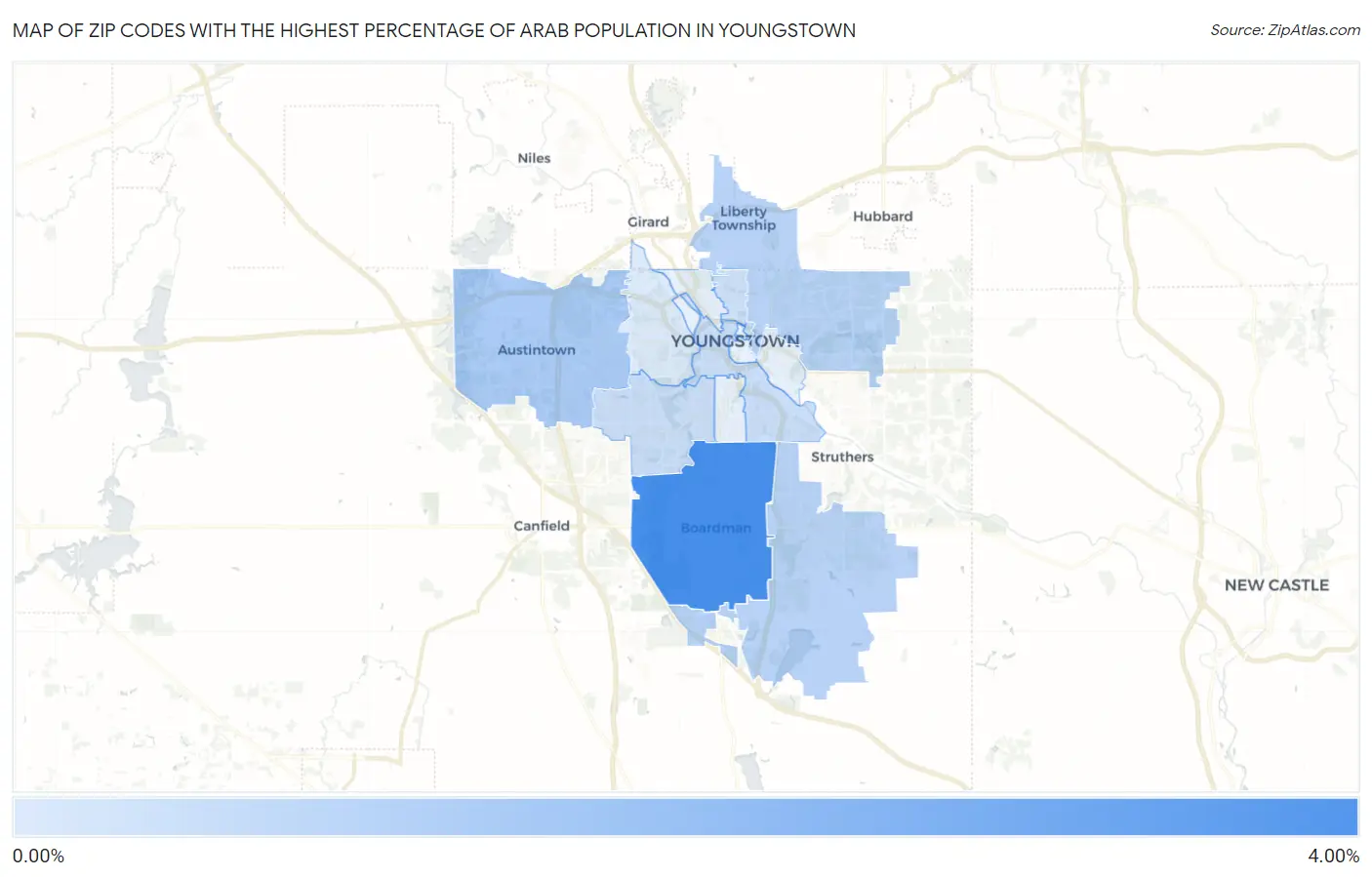 Zip Codes with the Highest Percentage of Arab Population in Youngstown Map