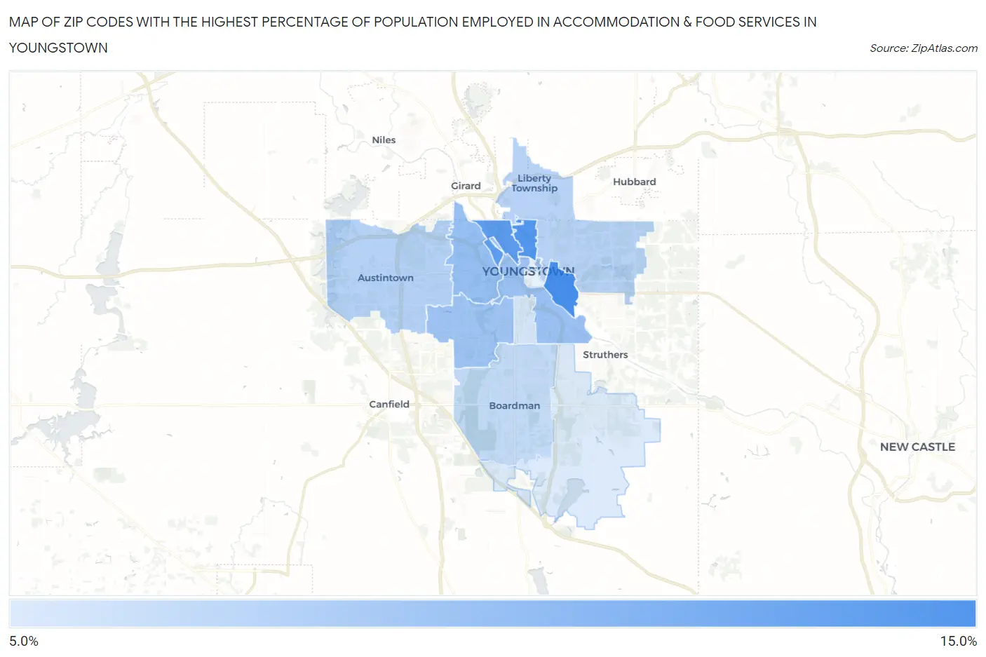 Zip Codes with the Highest Percentage of Population Employed in Accommodation & Food Services in Youngstown Map