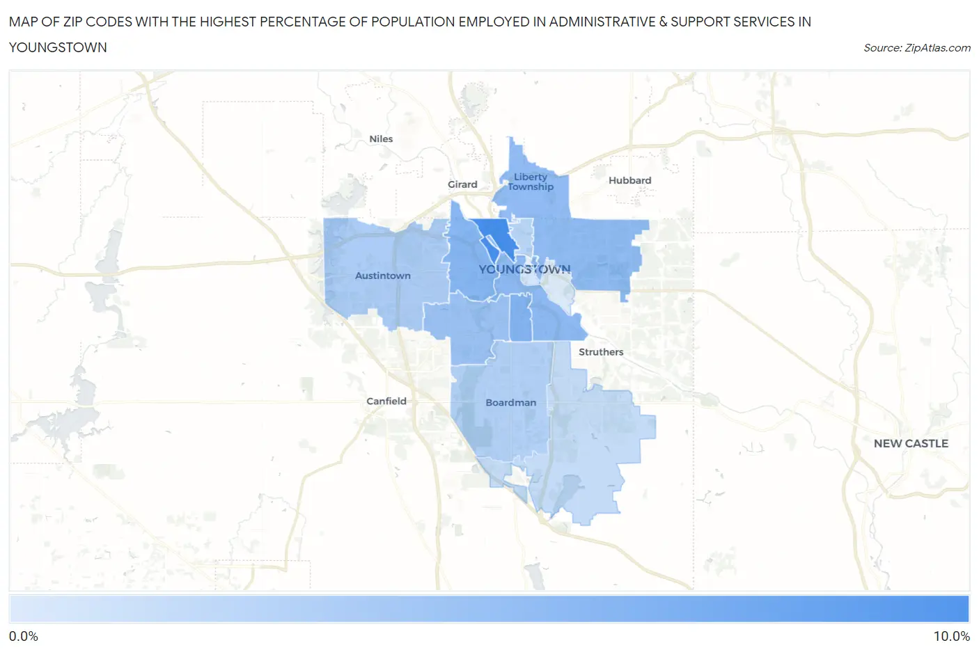 Zip Codes with the Highest Percentage of Population Employed in Administrative & Support Services in Youngstown Map
