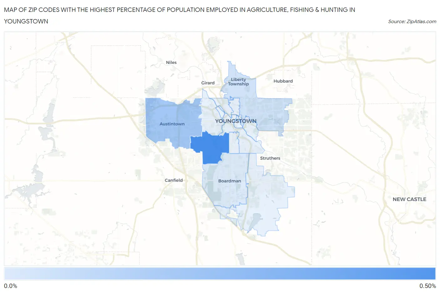 Zip Codes with the Highest Percentage of Population Employed in Agriculture, Fishing & Hunting in Youngstown Map