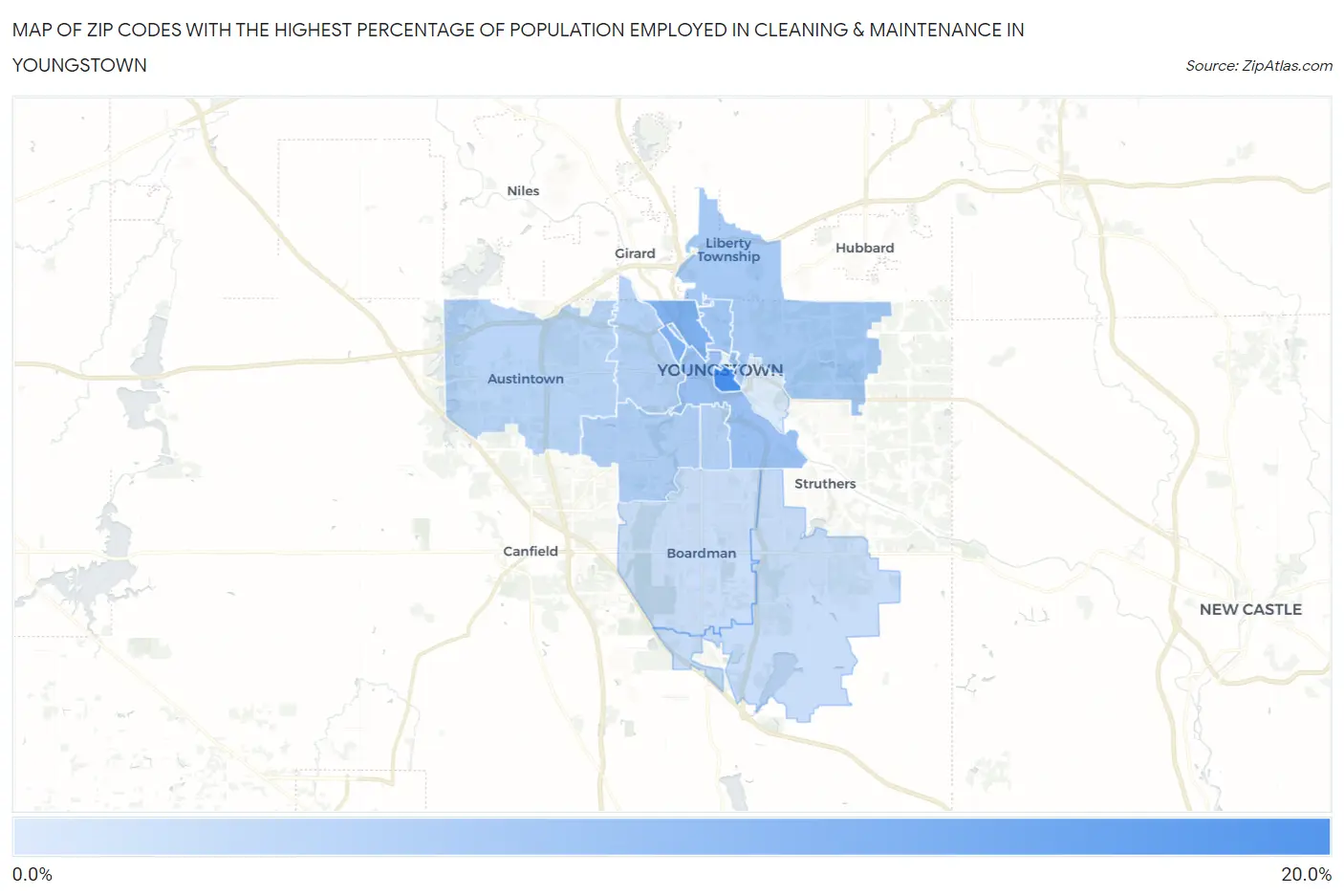 Zip Codes with the Highest Percentage of Population Employed in Cleaning & Maintenance in Youngstown Map