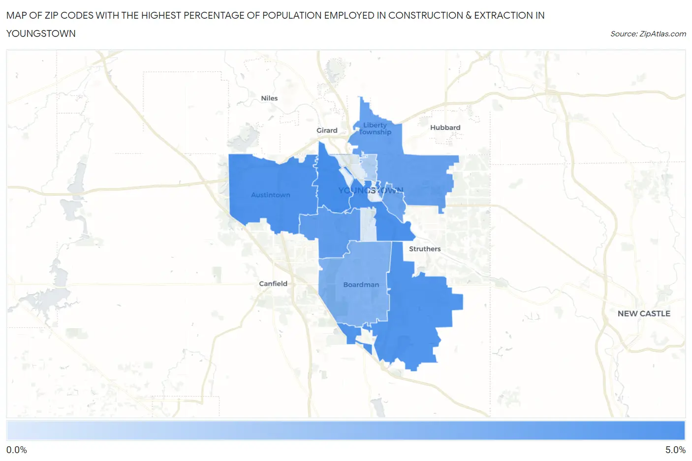 Zip Codes with the Highest Percentage of Population Employed in Construction & Extraction in Youngstown Map