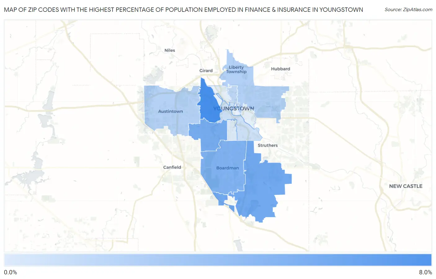 Zip Codes with the Highest Percentage of Population Employed in Finance & Insurance in Youngstown Map