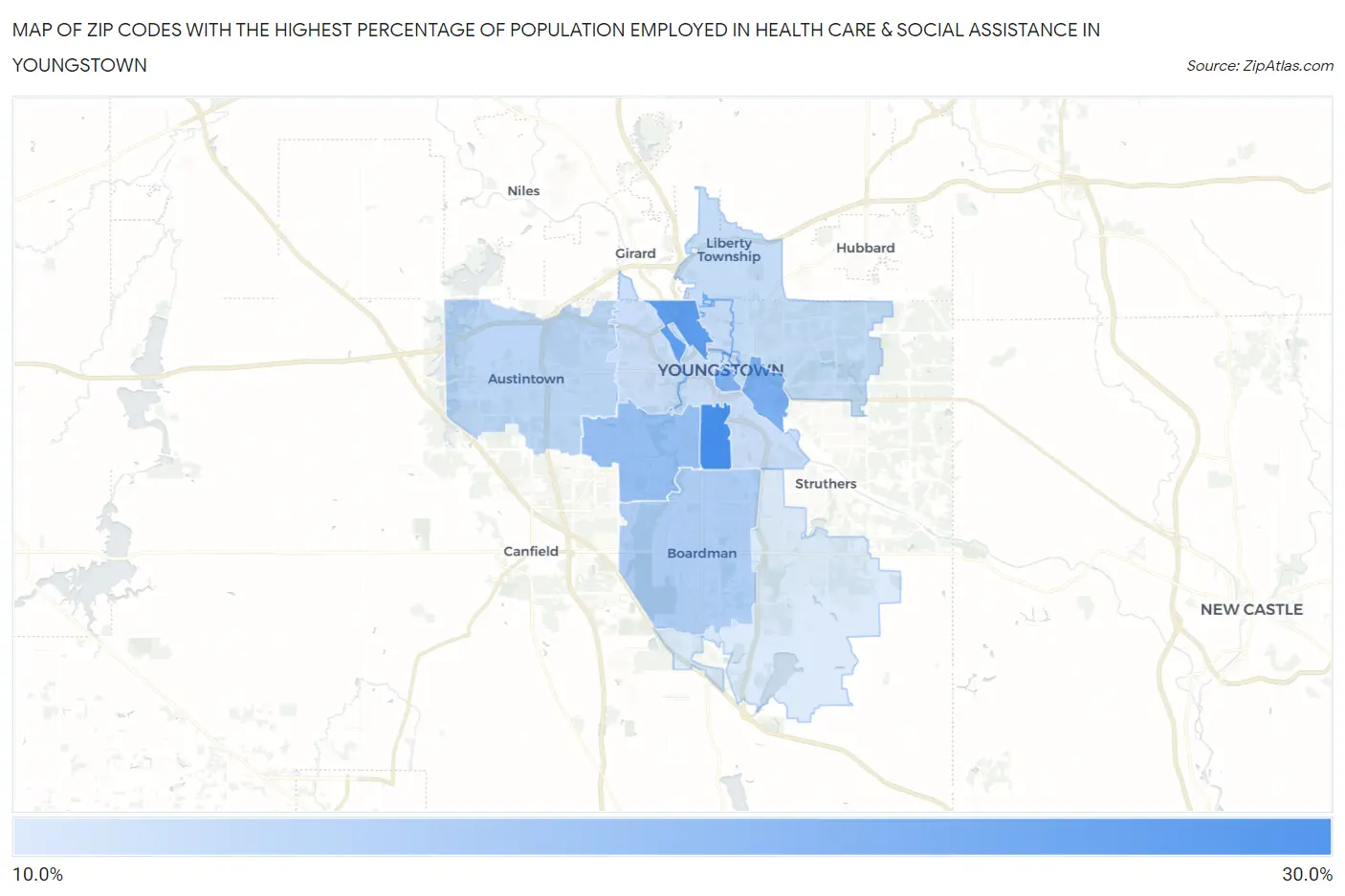 Zip Codes with the Highest Percentage of Population Employed in Health Care & Social Assistance in Youngstown Map