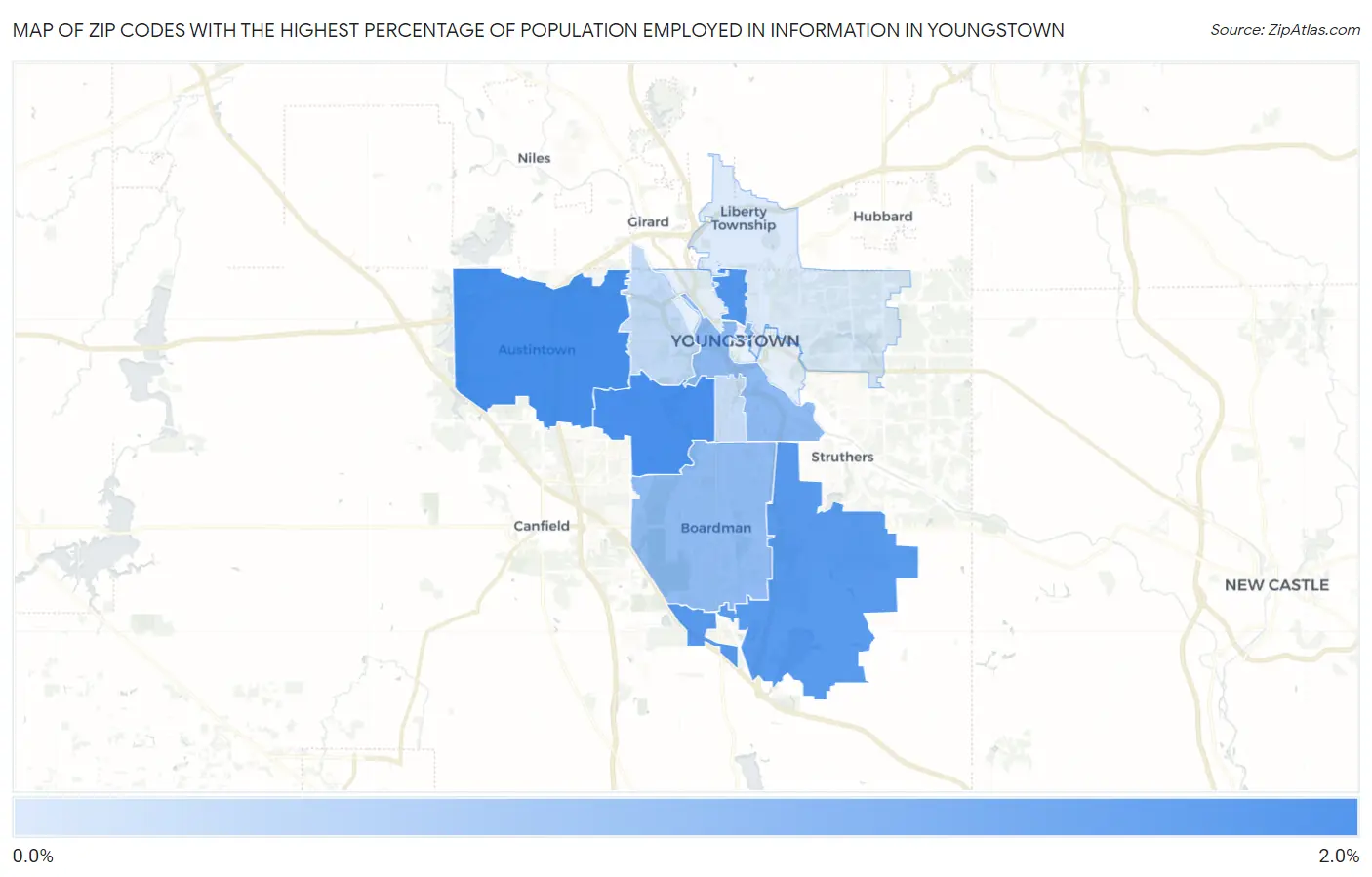 Zip Codes with the Highest Percentage of Population Employed in Information in Youngstown Map