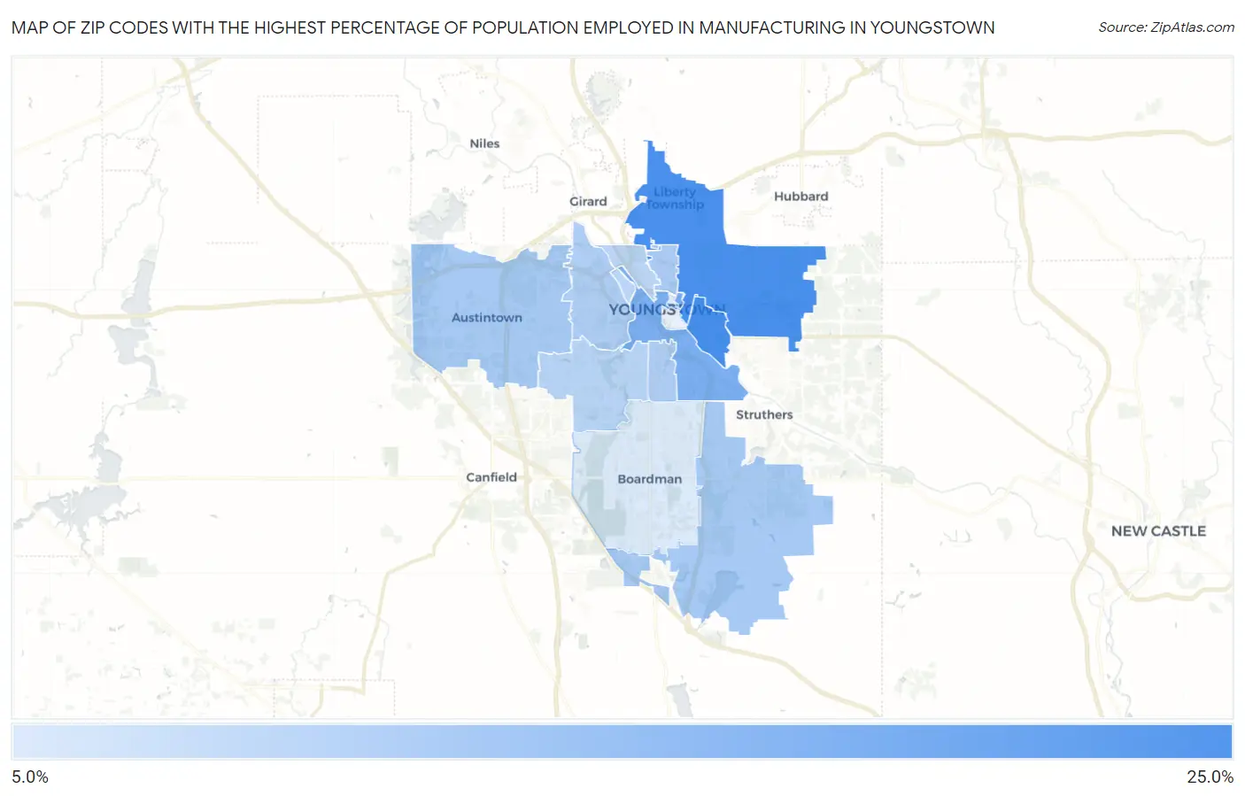 Zip Codes with the Highest Percentage of Population Employed in Manufacturing in Youngstown Map