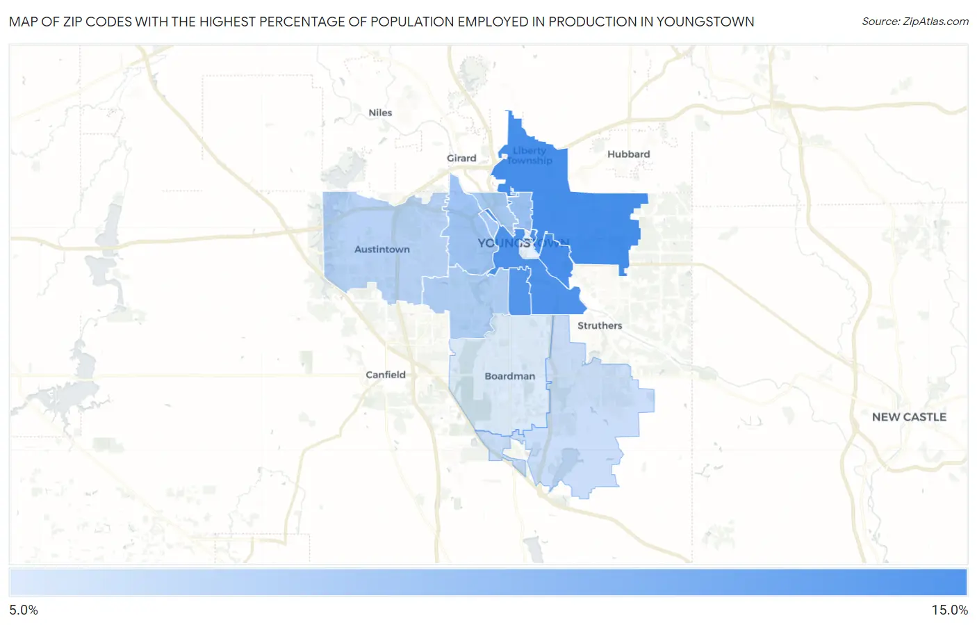 Zip Codes with the Highest Percentage of Population Employed in Production in Youngstown Map