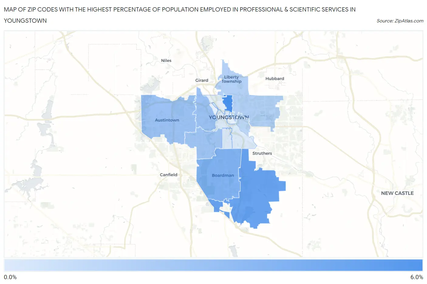 Zip Codes with the Highest Percentage of Population Employed in Professional & Scientific Services in Youngstown Map