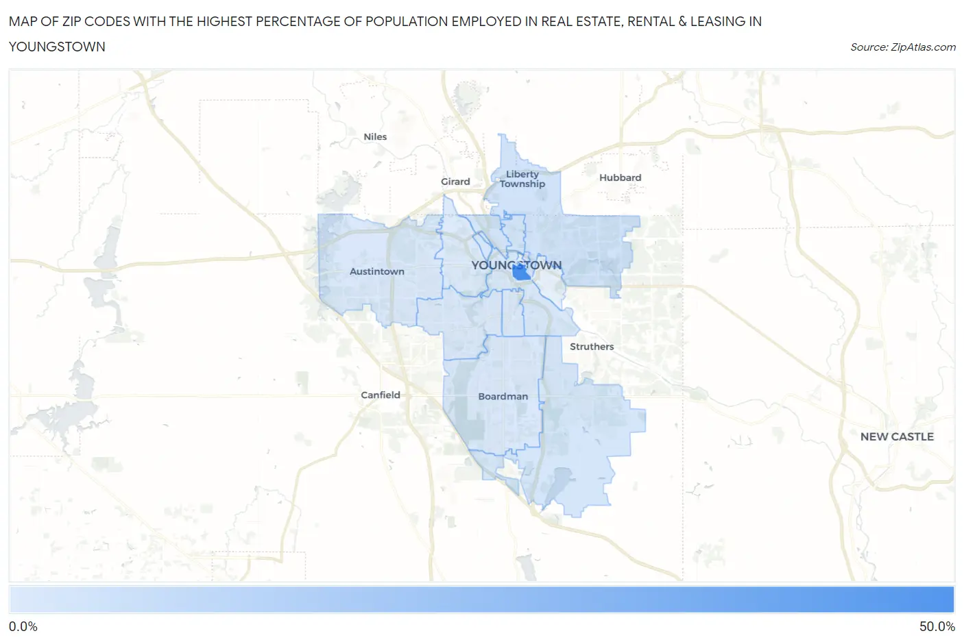 Zip Codes with the Highest Percentage of Population Employed in Real Estate, Rental & Leasing in Youngstown Map