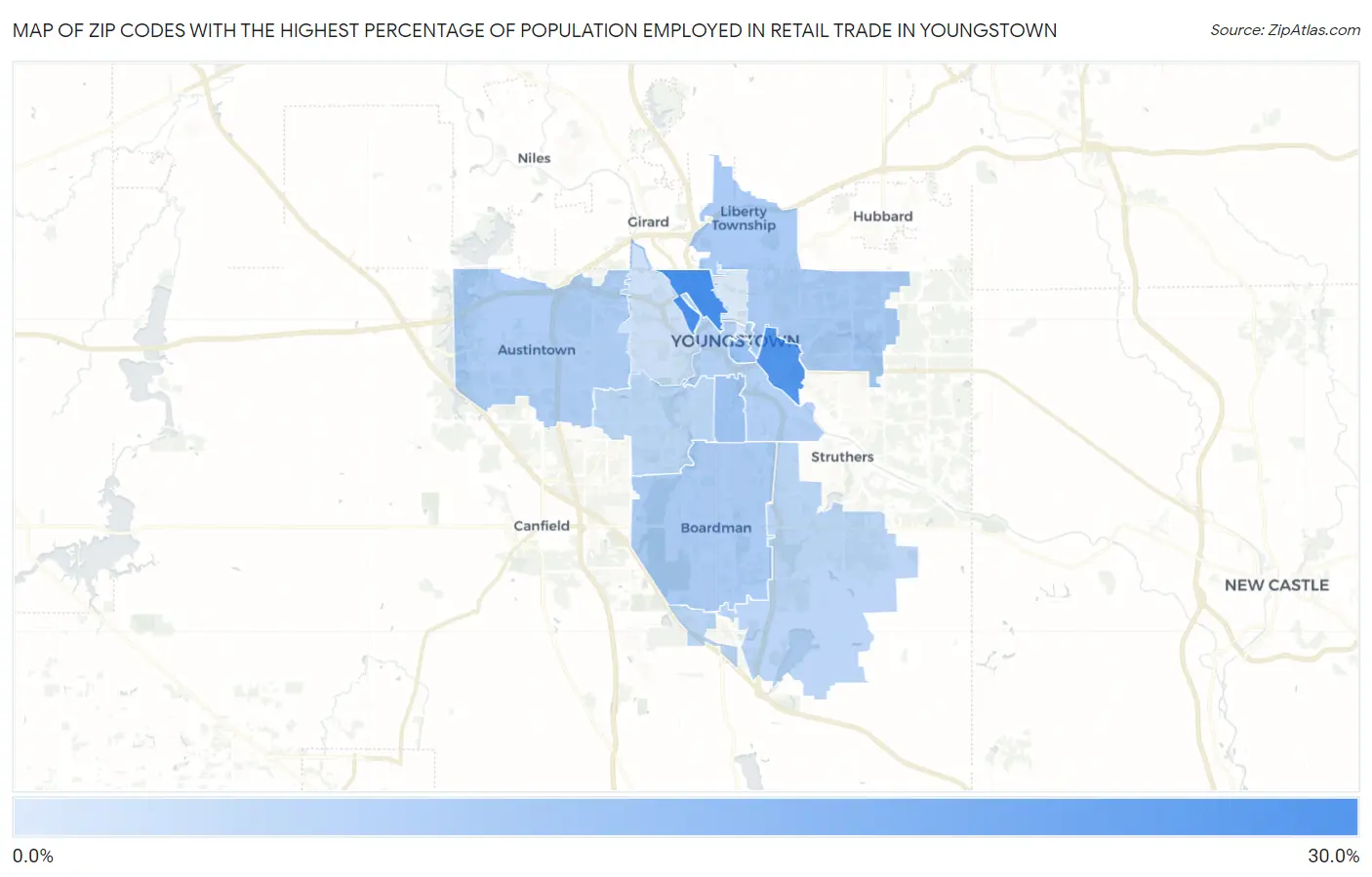 Zip Codes with the Highest Percentage of Population Employed in Retail Trade in Youngstown Map