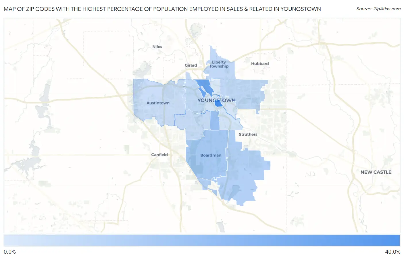 Zip Codes with the Highest Percentage of Population Employed in Sales & Related in Youngstown Map