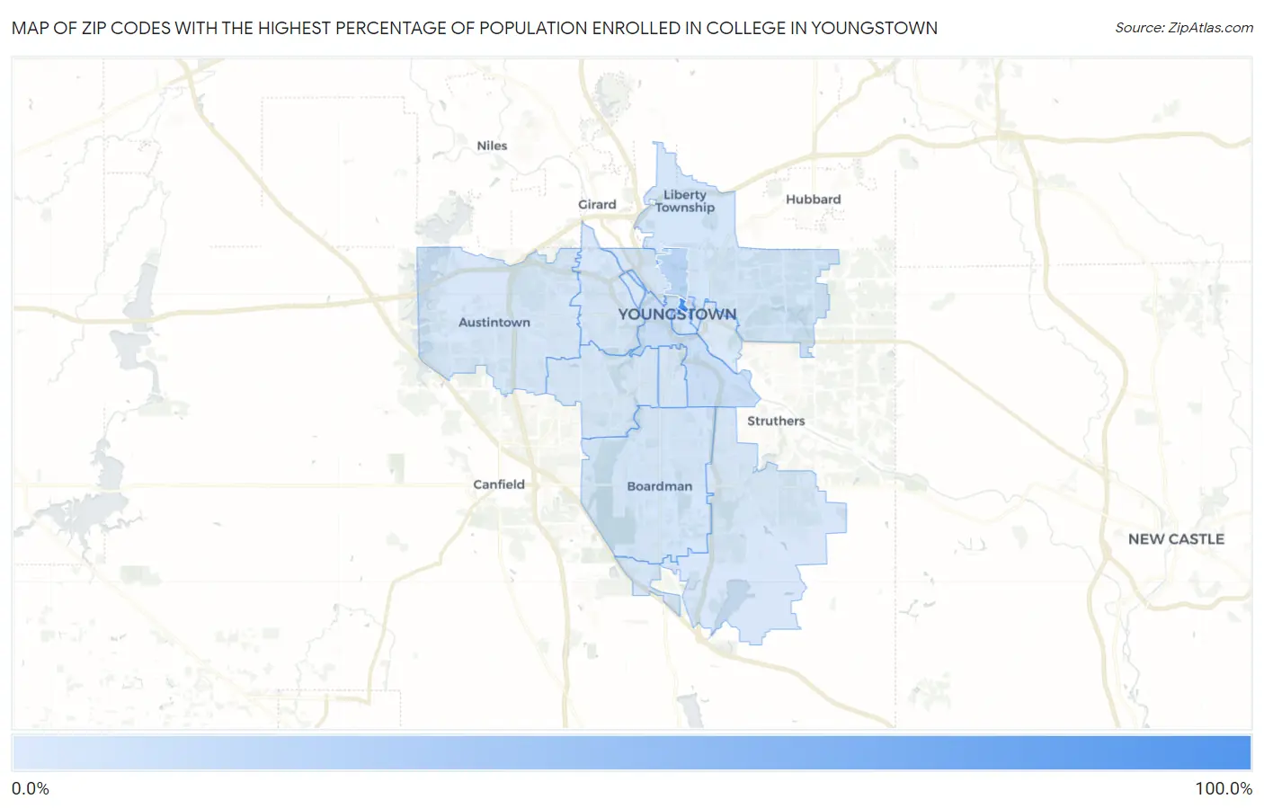 Zip Codes with the Highest Percentage of Population Enrolled in College in Youngstown Map