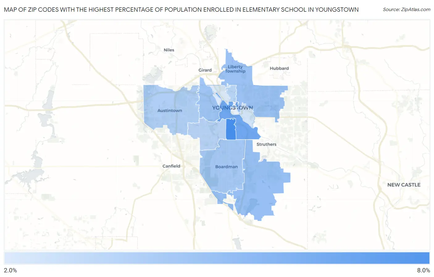 Zip Codes with the Highest Percentage of Population Enrolled in Elementary School in Youngstown Map