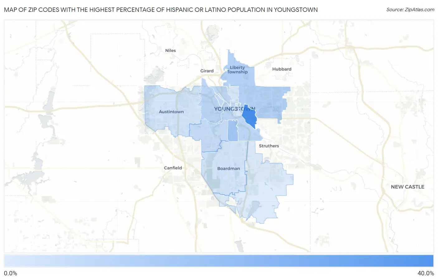 Zip Codes with the Highest Percentage of Hispanic or Latino Population in Youngstown Map