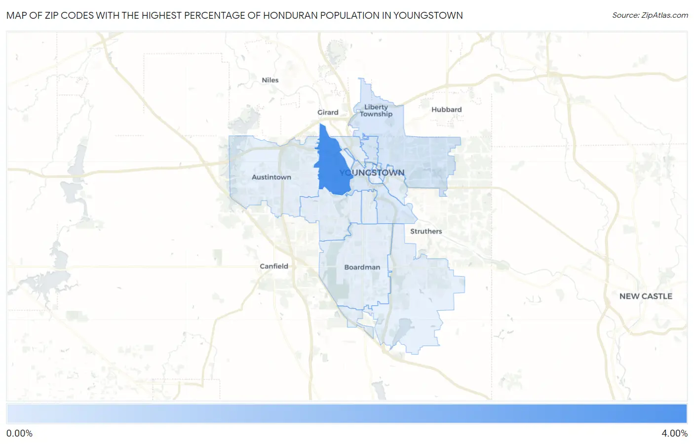 Zip Codes with the Highest Percentage of Honduran Population in Youngstown Map
