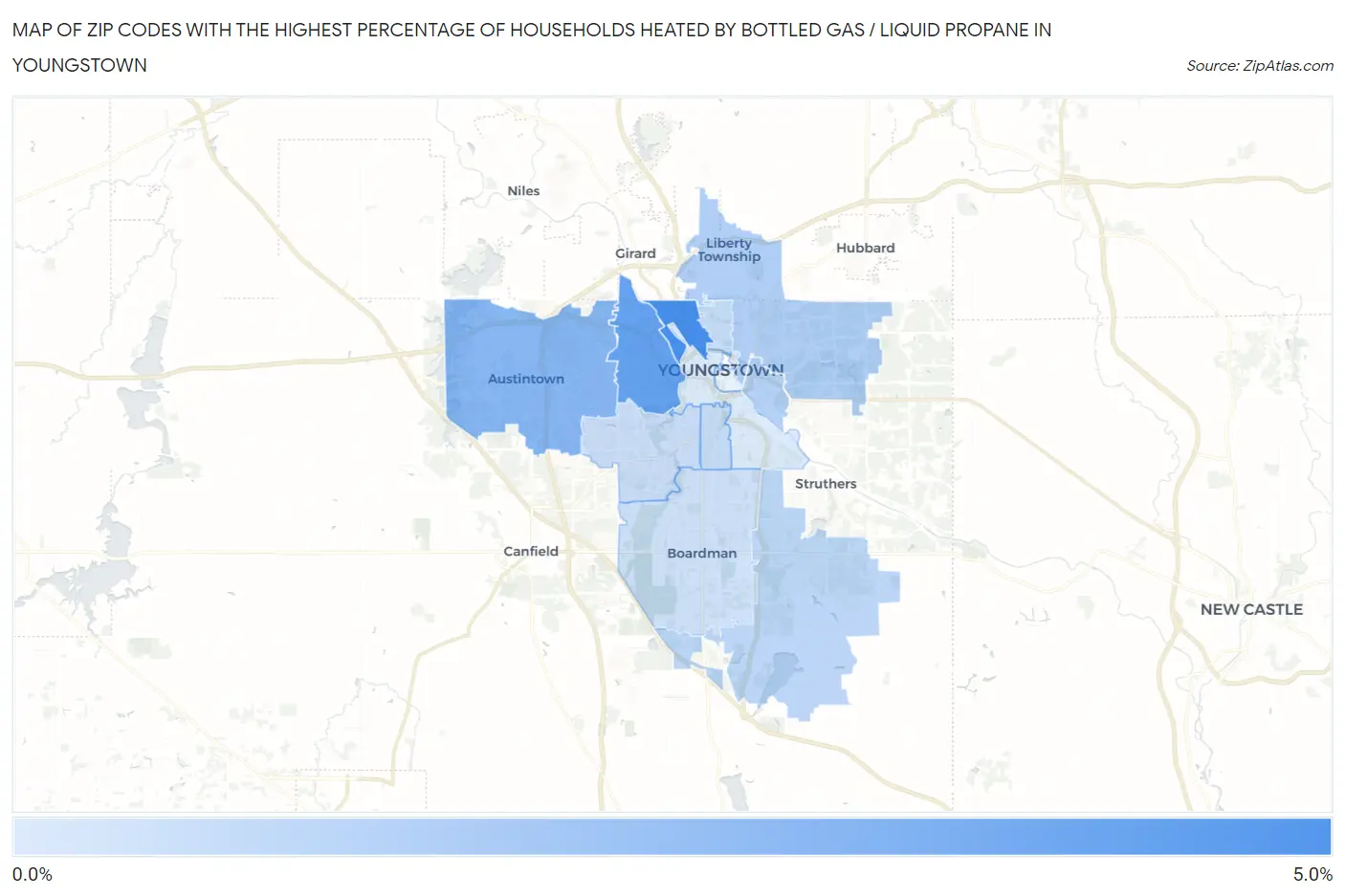 Zip Codes with the Highest Percentage of Households Heated by Bottled Gas / Liquid Propane in Youngstown Map
