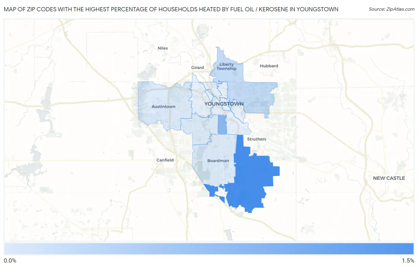 Zip Codes with the Highest Percentage of Households Heated by Fuel Oil / Kerosene in Youngstown Map
