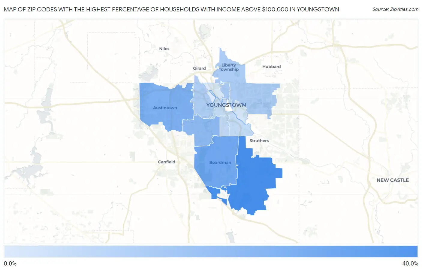 Zip Codes with the Highest Percentage of Households with Income Above $100,000 in Youngstown Map