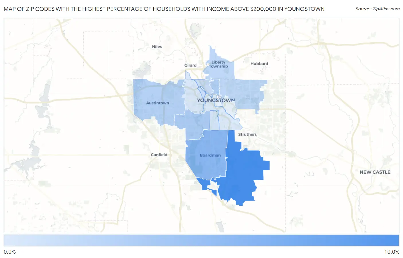 Zip Codes with the Highest Percentage of Households with Income Above $200,000 in Youngstown Map